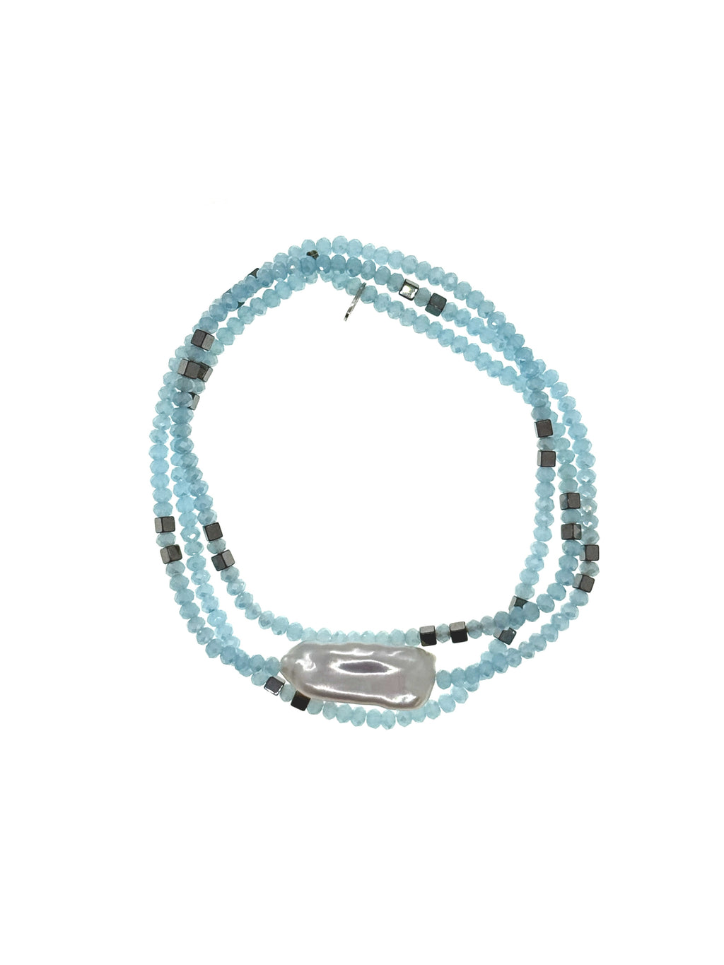 Türkisblaue Glasperlen, Hämatite und Süßwasserperle