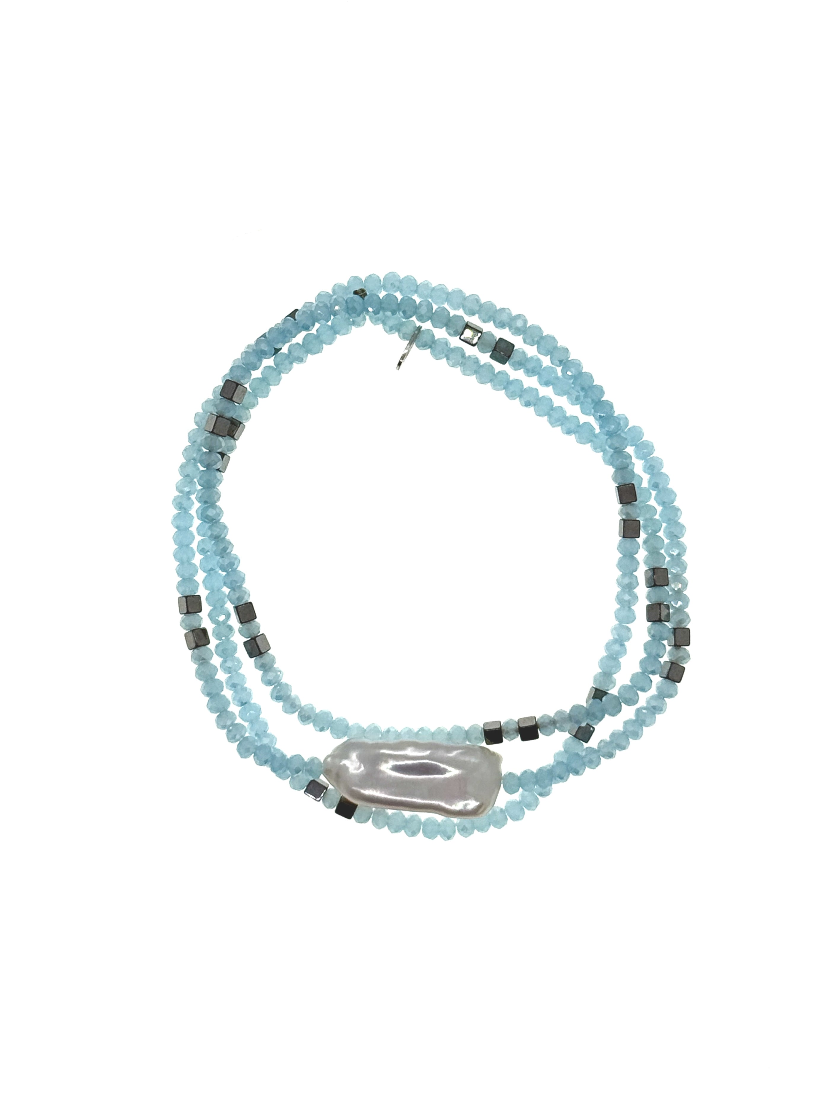 Türkisblaue Glasperlen, Hämatite und Süßwasserperle