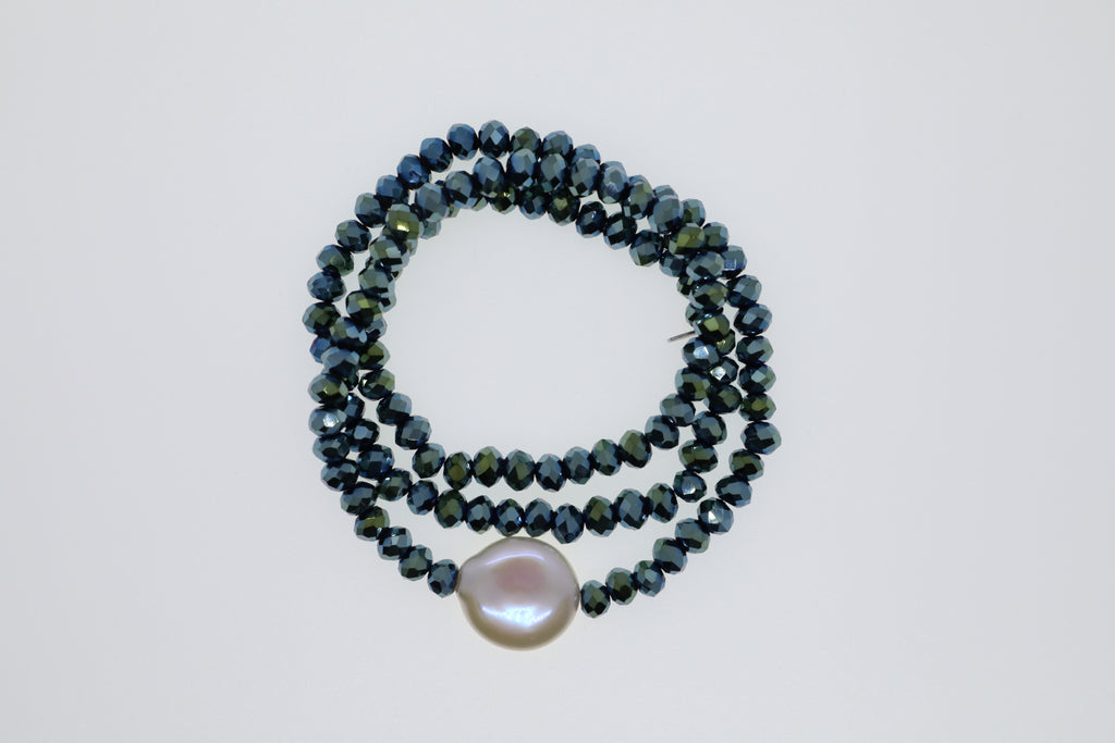 Armband oder Kette Große pertrolgrüne Glasperlen und weiße Süßwasserperle
