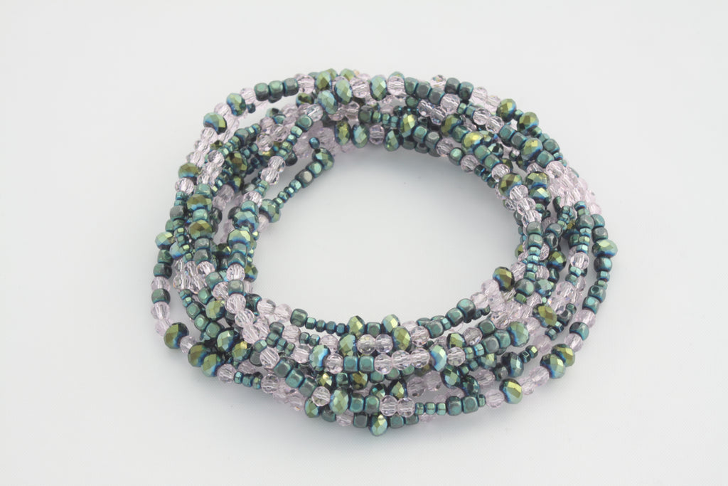 Armband oder Kette Petrolgrüne und rosa Glasperlen mit Hämatit