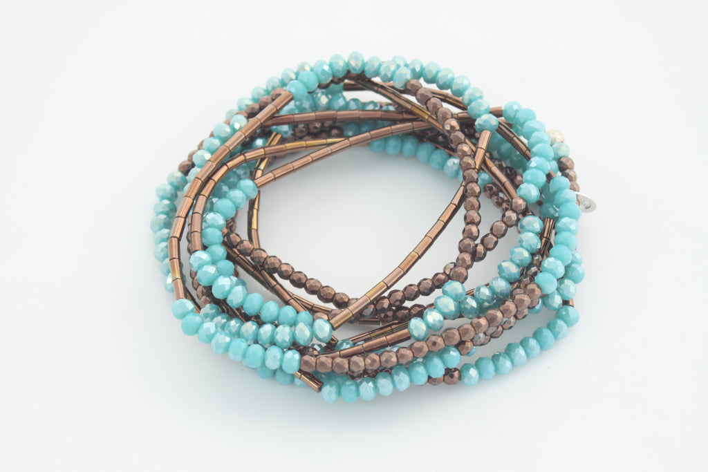 Armband oder Kette Türkisfarbene Glasperlen mit braunem Hämatit