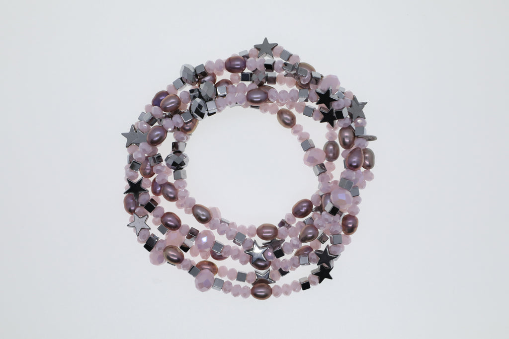 Armband oder Kette Rosa Glasperlen mit Süßwasserperlen und Hämatiten