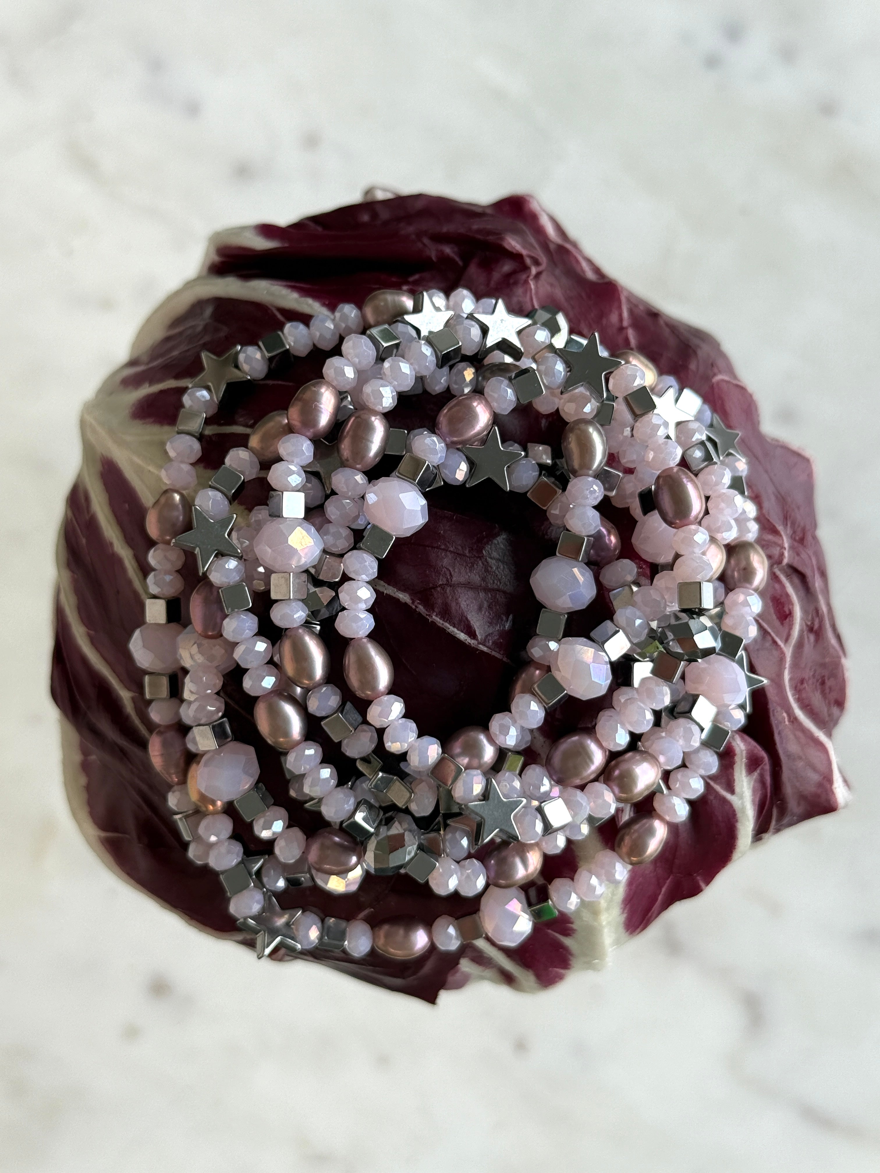Armband oder Kette Rosa Glasperlen mit Süßwasserperlen und Hämatiten