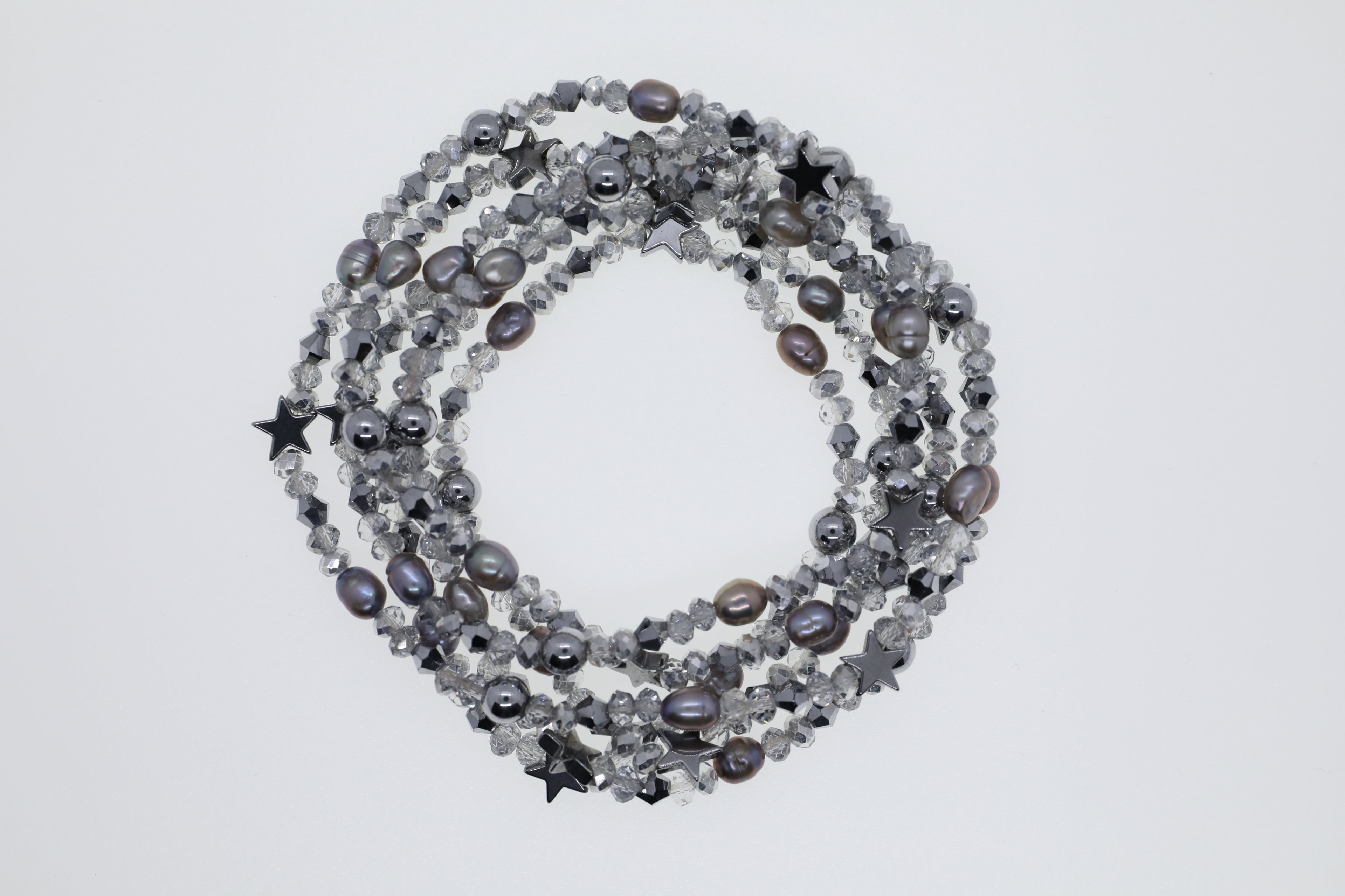 Armband oder Kette Silberfarbene Glasperlen, Hämatitsterne und -kugeln mit Süßwasserperlen