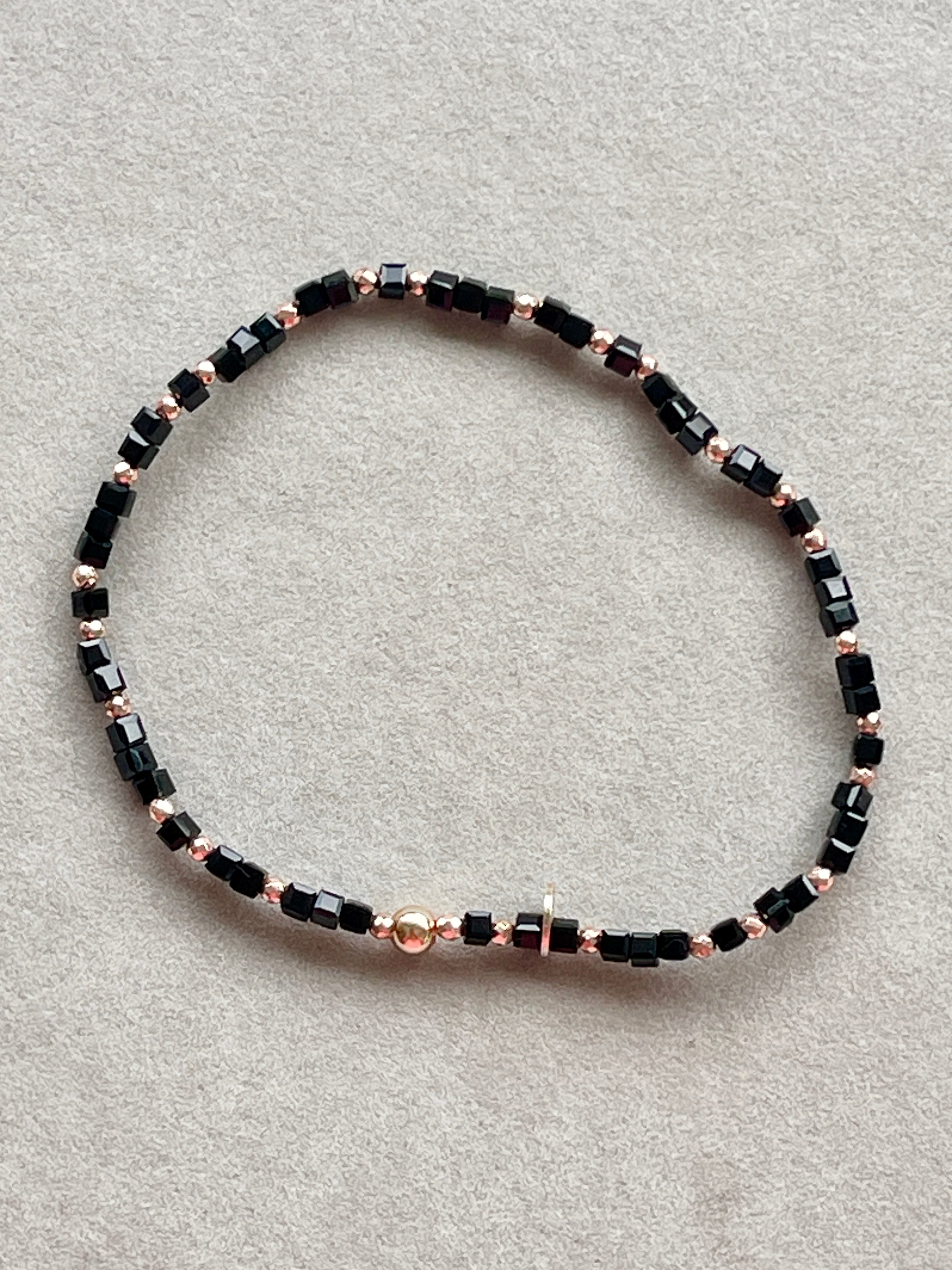 Armband oder Kette Schwarze Glasperlen mit rosé vergoldeten Silberkugeln