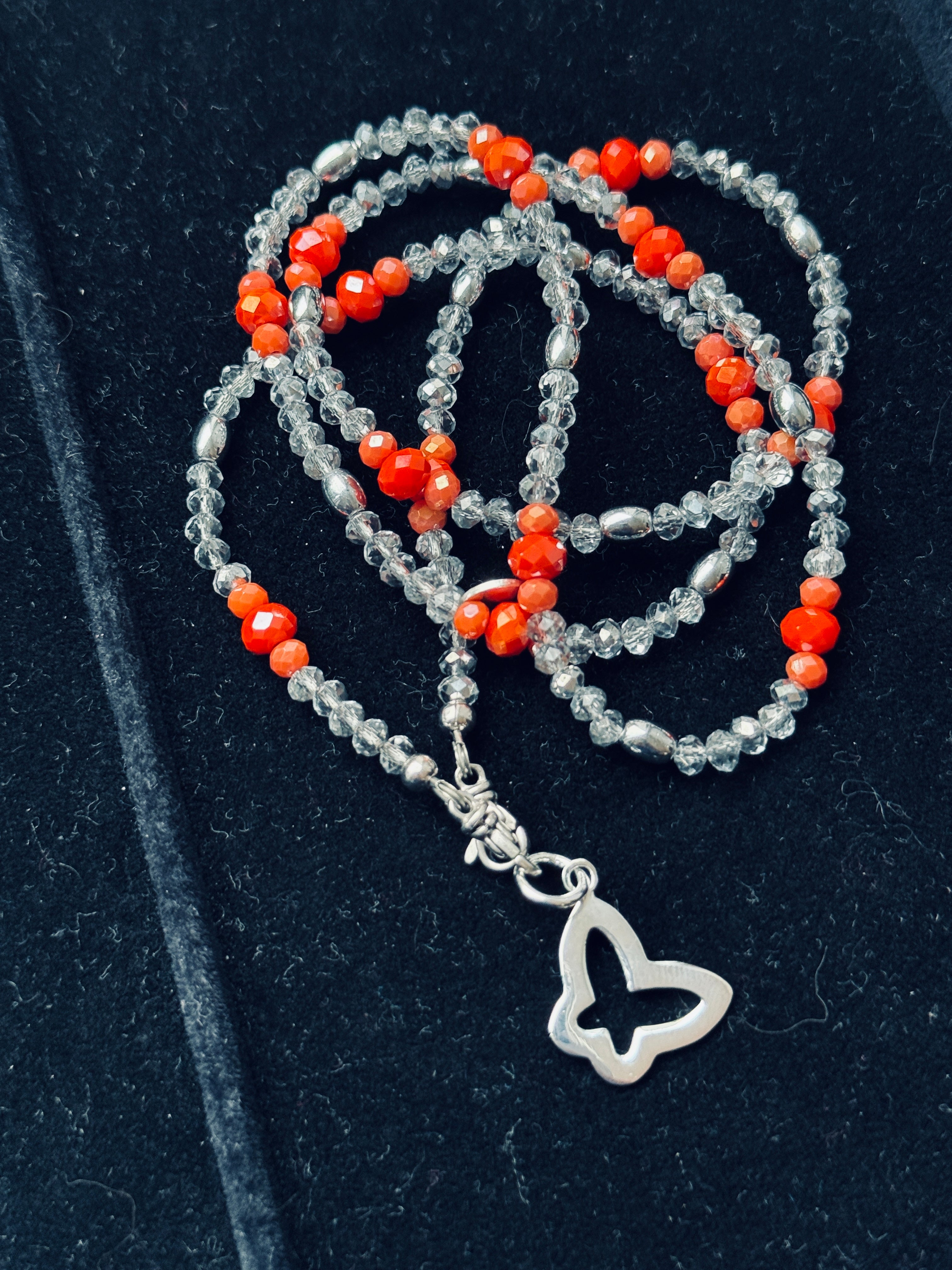 Brillenkette Orange und silberfarbene Glasperlen mit silberfarbenen Hämatite