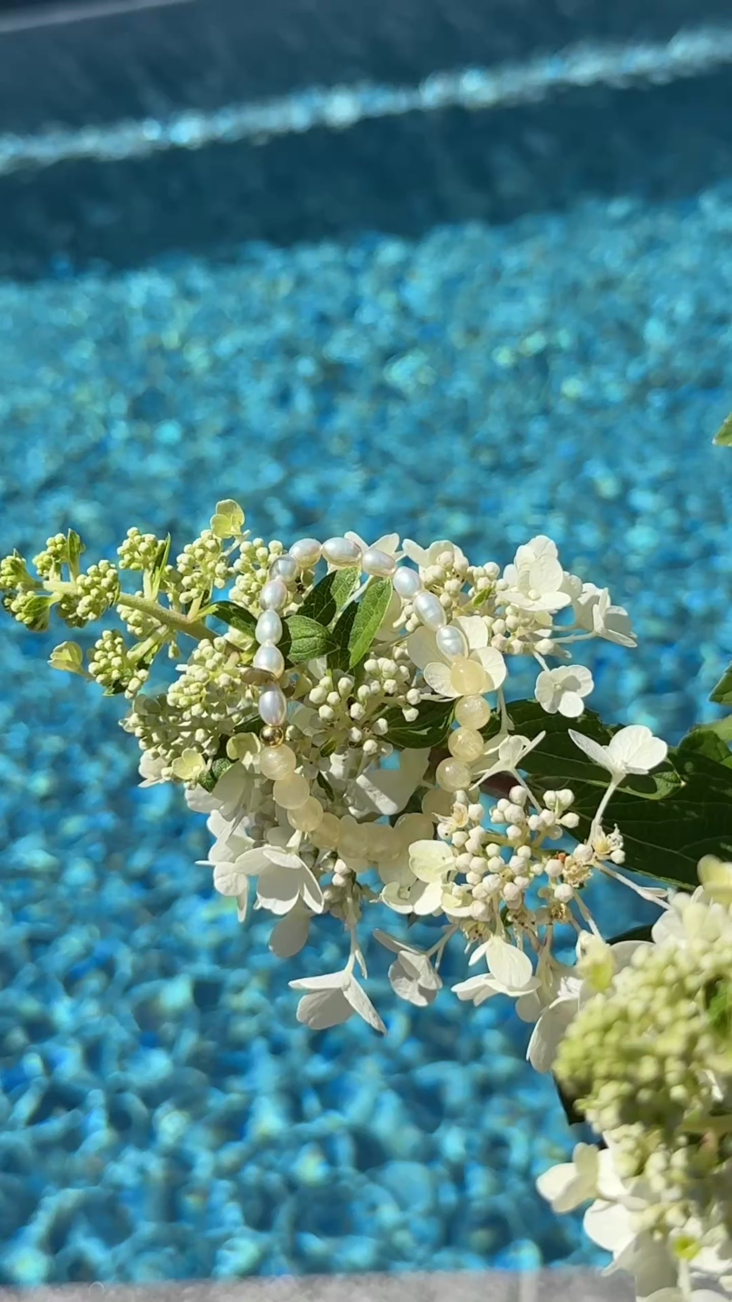Weiße Süßwasserperlen und Selenit in Butteryellow